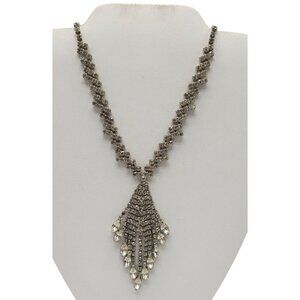 Vintage Rhinestone Fringe Necklace 17" Silver Tone Statement Piece For Women
